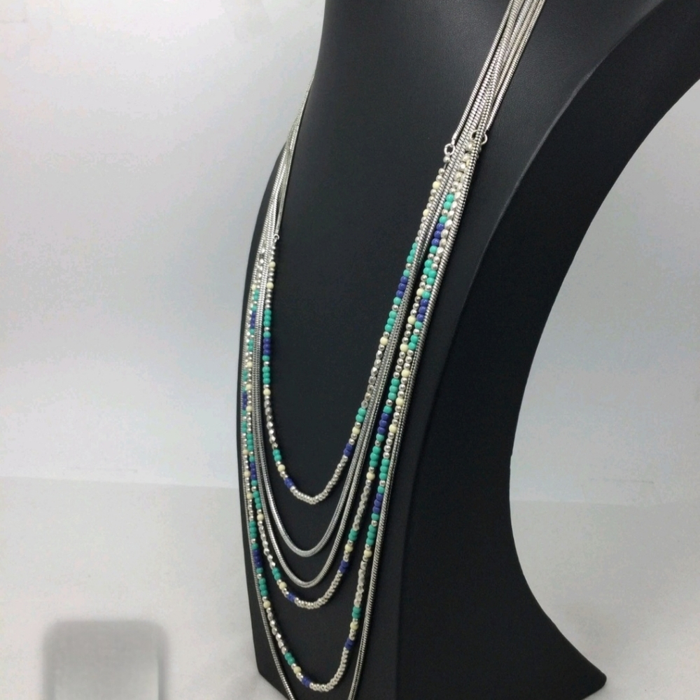 NWT Lucky Brand Blue Teal & White Beaded Multi Strand Necklace 32" - Picture 2 of 5